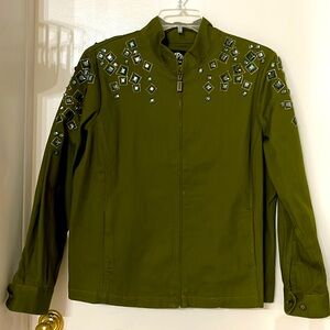 BOB MACKIE WEARABLE ART WOMENS JACKET GREEN JEWEL EMBELLISHED ZIPPER FRONT SZ-L